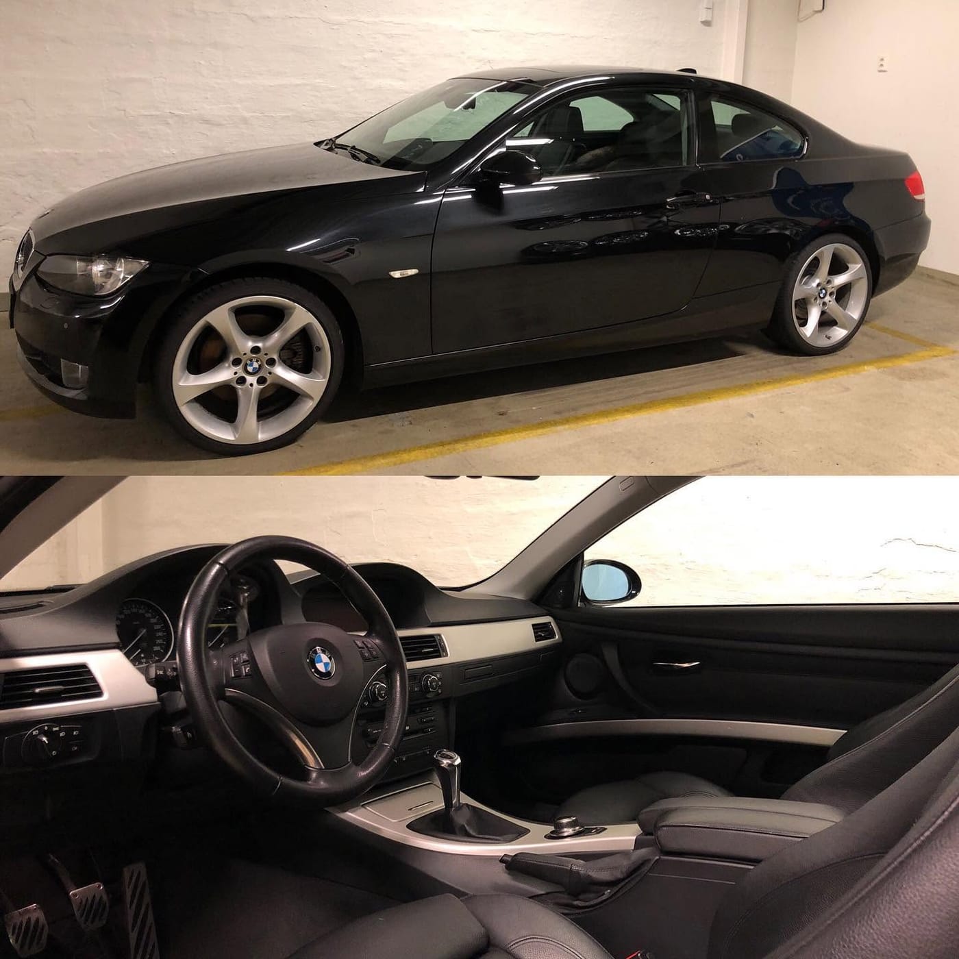 Svart BMW coupé, utvendig og innvendig